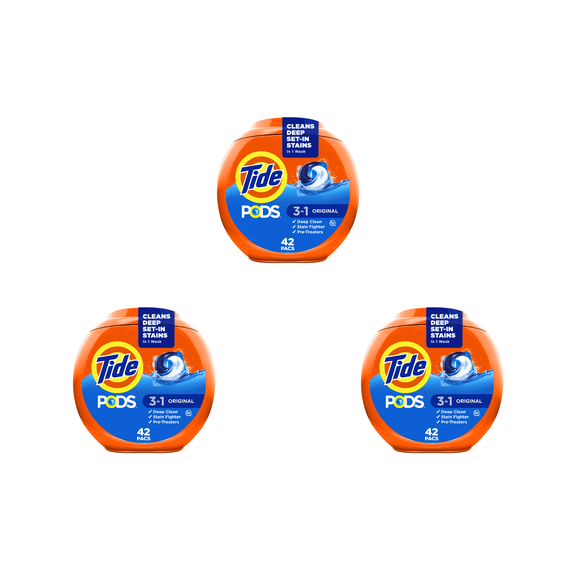 Tide Pods Original 3in1 Laundry Detergent Pacs, 42Count Tubs 3 Pack Total 126 Loads, Deep Clean & Odor Control