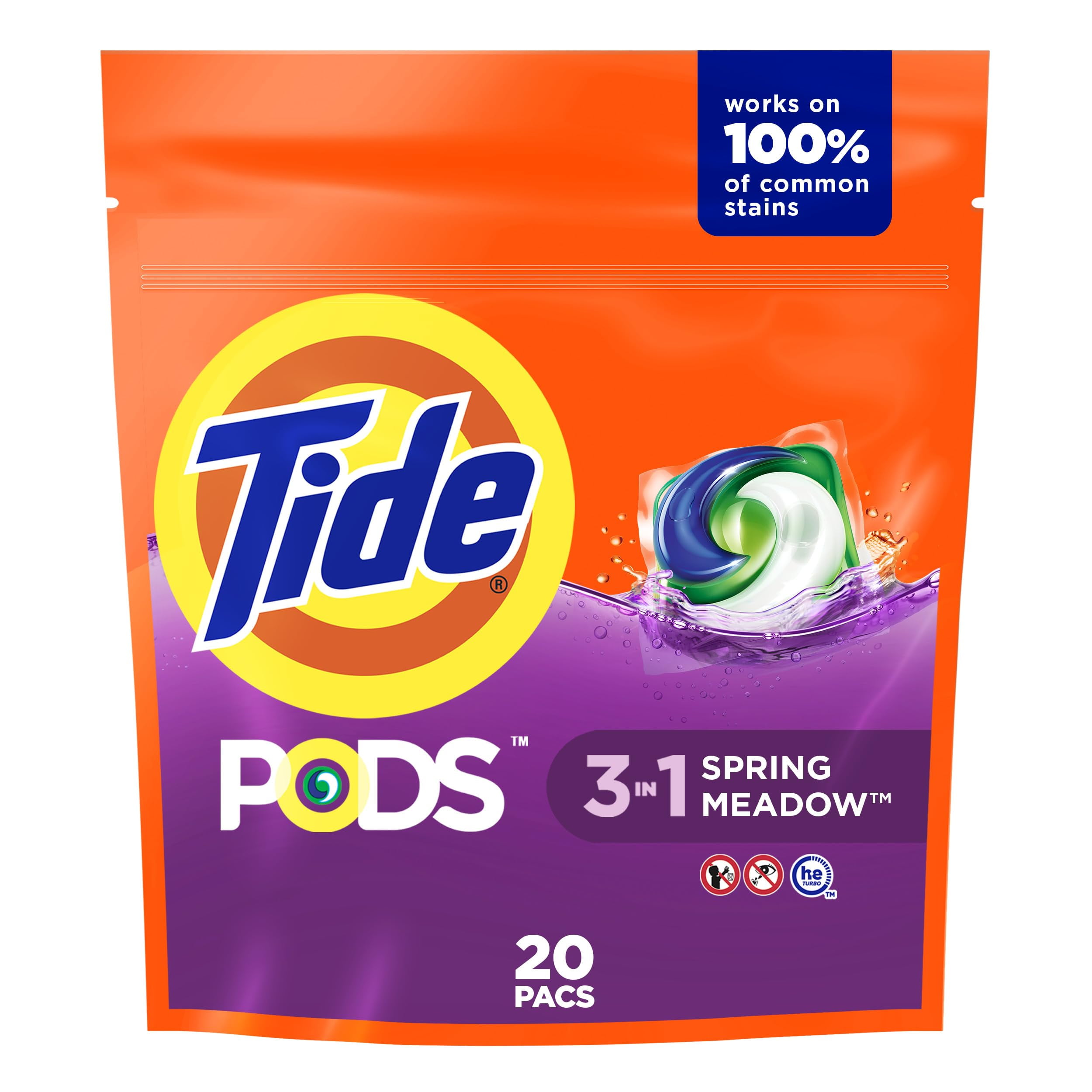 Tide Pods Liquid Laundry Detergent Pacs, Spring Meadow Scent, 20 Count
