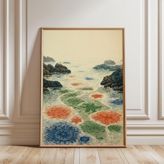 Tide Pool Rocky Shore Woodcut Blue Green Orange Nature Wall Decor, Unframed Paper Poster 8x10in