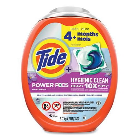 Tide Hygienic Clean Heavy 10x Duty Power Pods, HE Compatible, Fresh Meadow Scent, 76 oz Tub, 45 Pods, 4/Carton