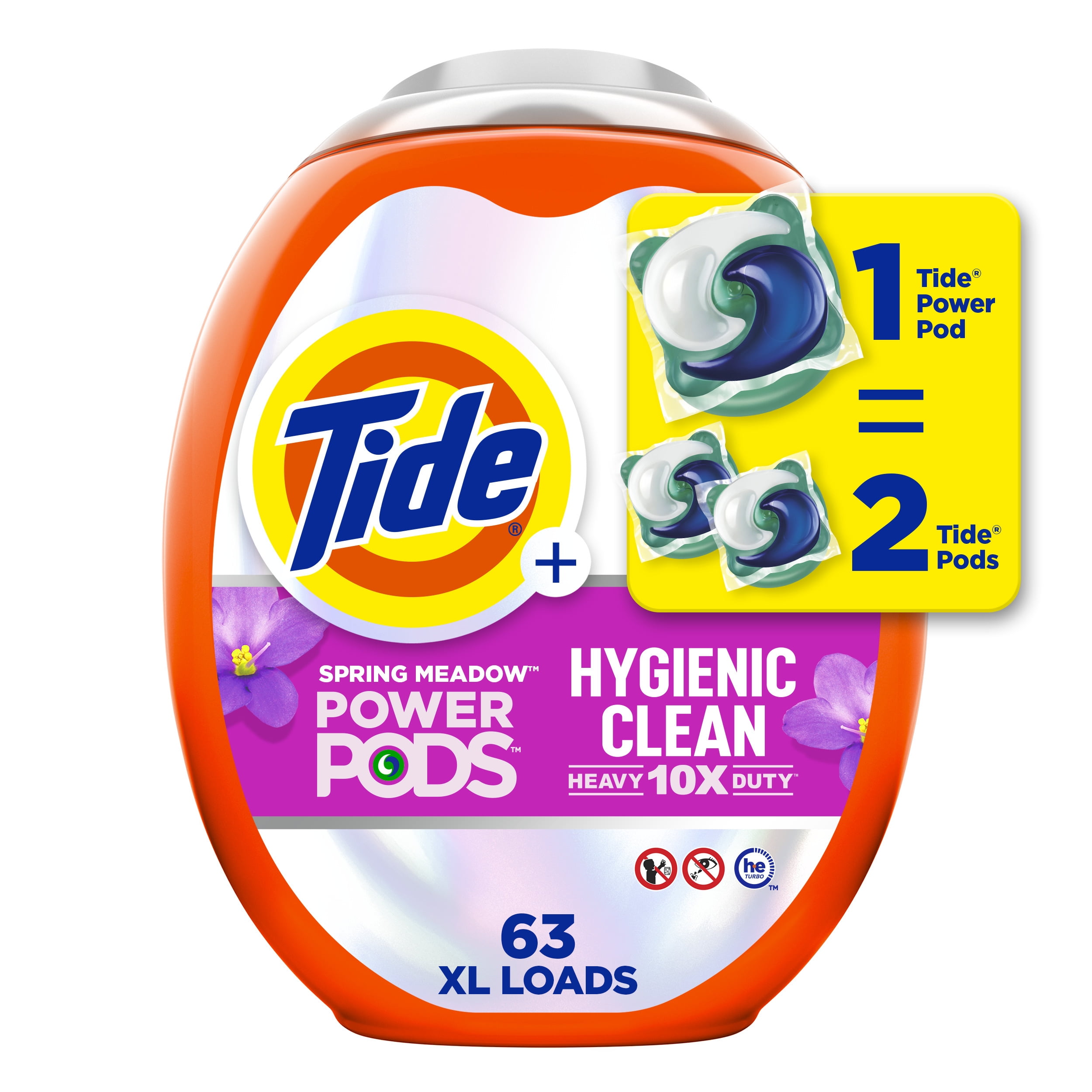 Tide Power PODS Hygienic Clean Laundry Detergent Packs, Spring Meadow Scent, 63 Count