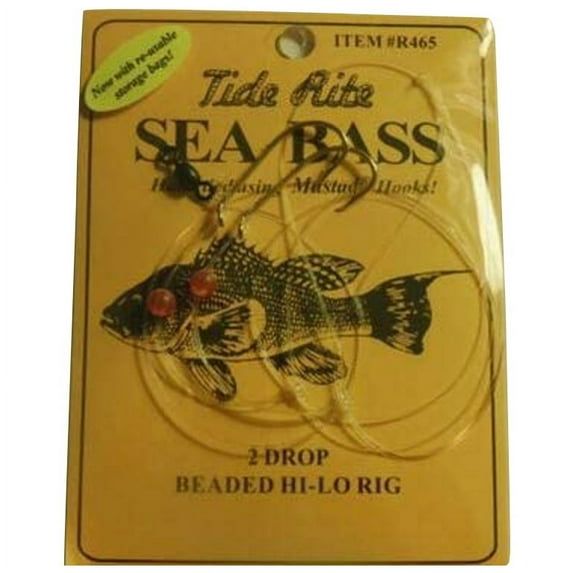 Tide Rite Sea Bass 2-Drop Beaded Hi-Lo Rig Baitholder Hooks, Size 1/0, Gold