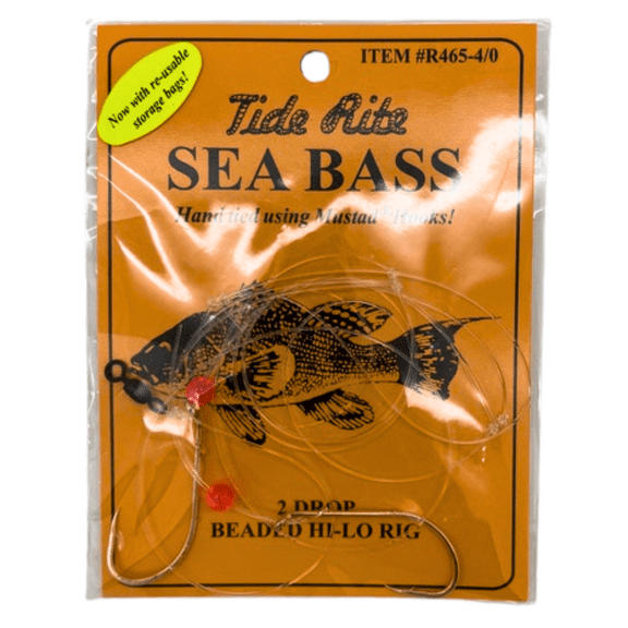Tide Rite Sea Bass 2-Drop Beaded Hi-Lo Rig Baitholder Hooks, Size 4/0, Gold