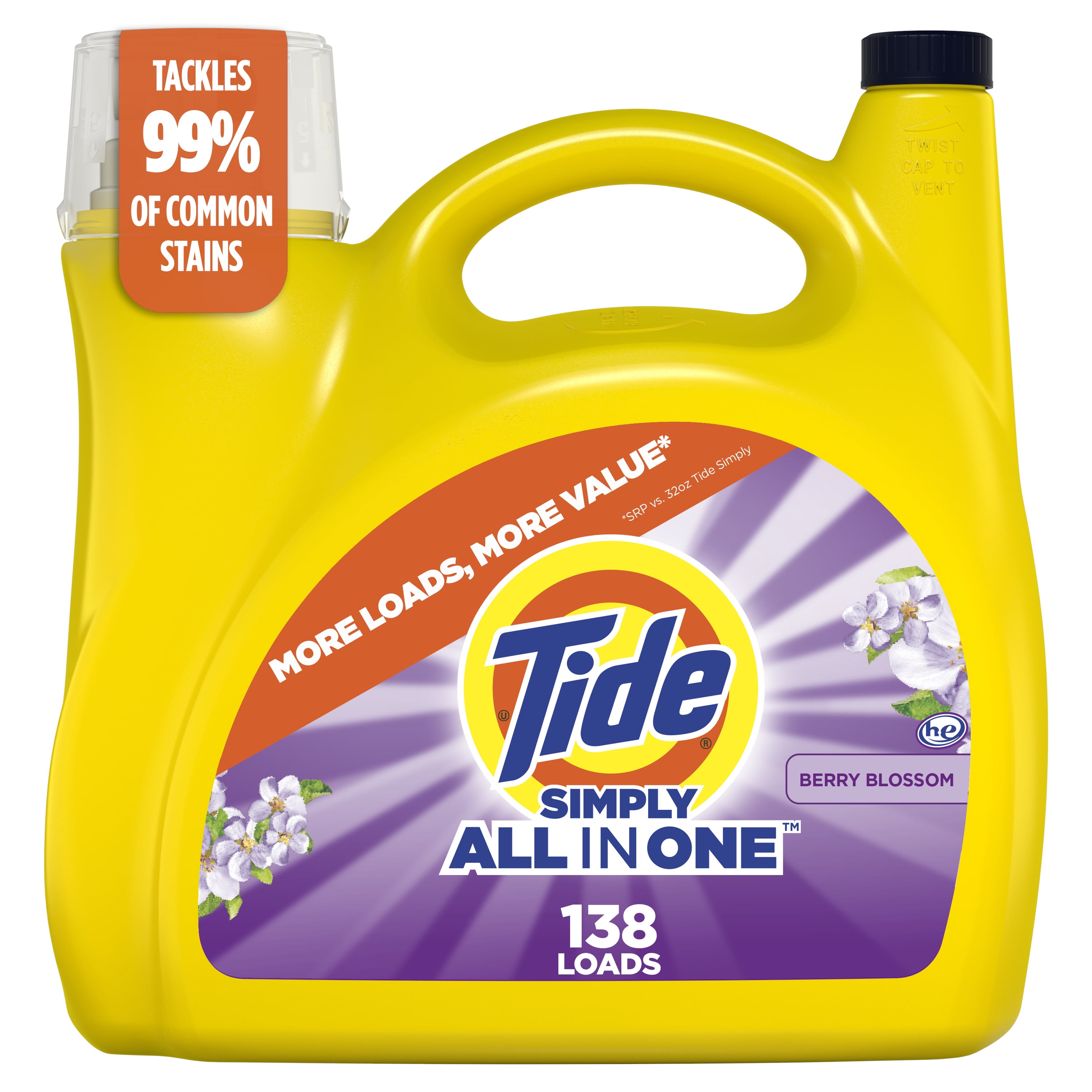 Tide Simply All-In-One Liquid Laundry Detergent, Berry Blossom Scent, 182 fl oz, 138 Loads