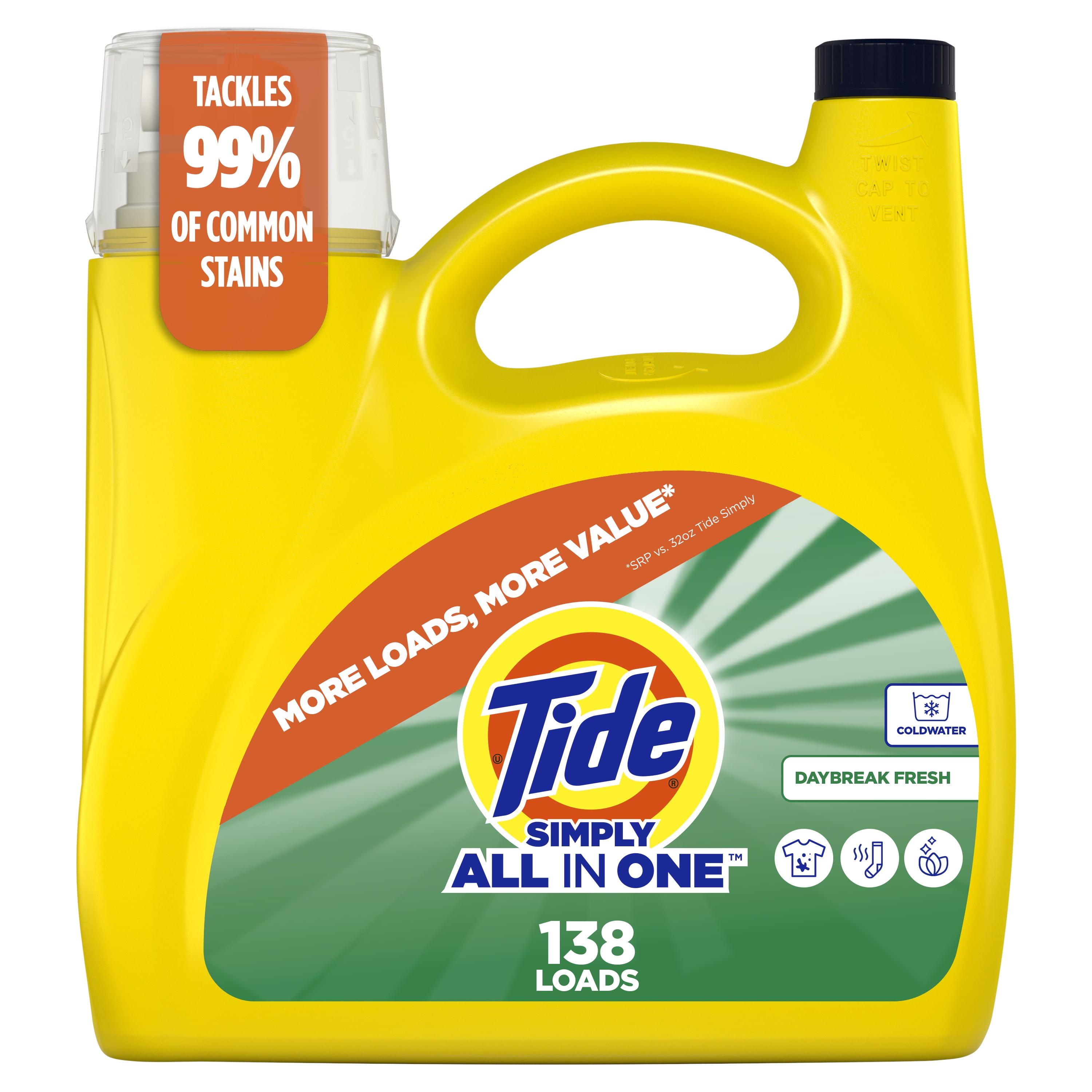 Tide Simply All-In-One Liquid Laundry Detergent, Daybreak Fresh Scent, 182 fl oz, 138 Loads