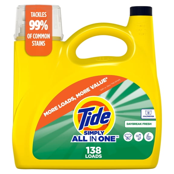 Tide Simply All-in-One Liquid Laundry Detergent, All-In-One, Daybreak Fresh Scent, 182 fl oz, 138 Loads