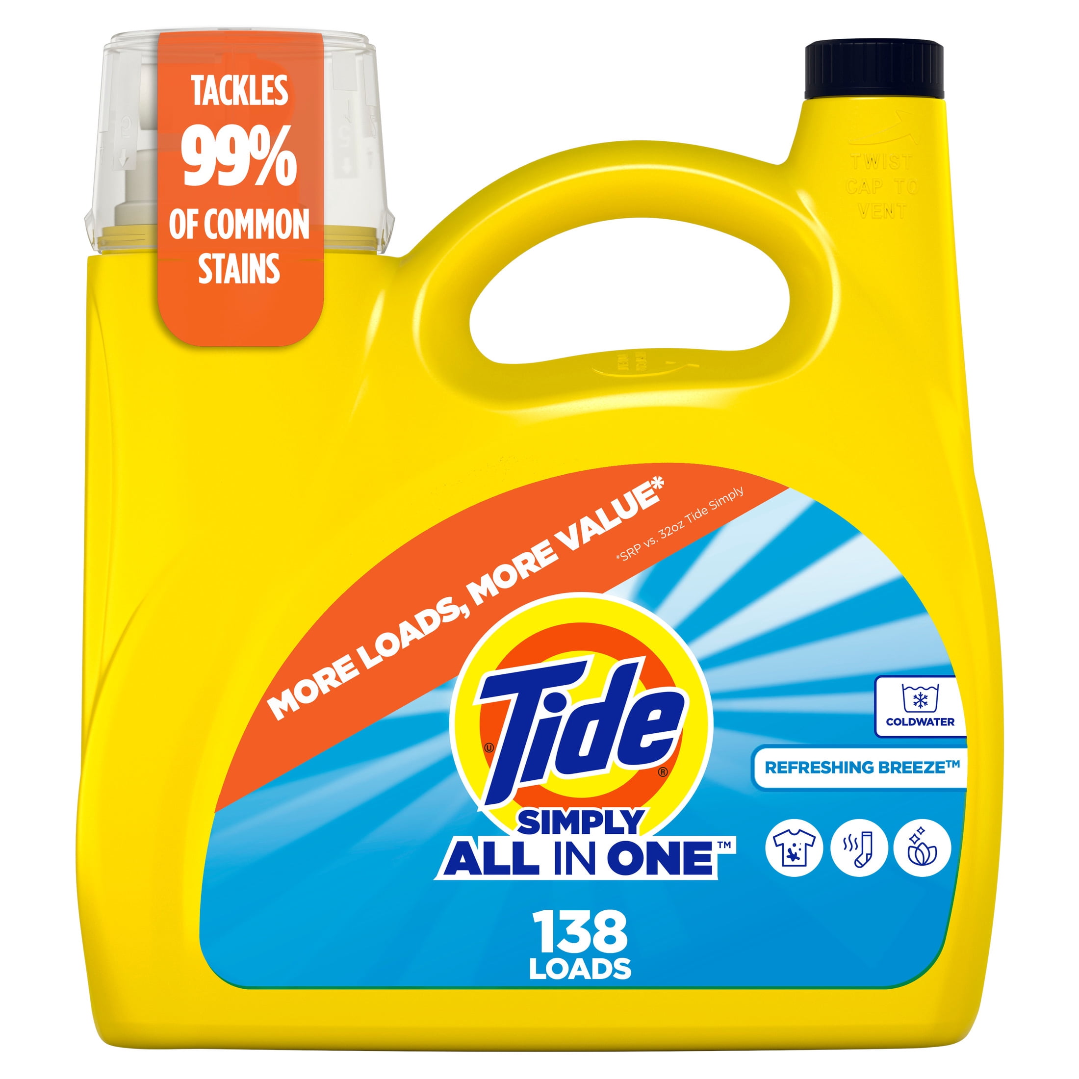 Tide Simply Liquid Laundry Detergent, All-In-One, Refreshing Breeze Scent, 138 Loads, 182 fl oz