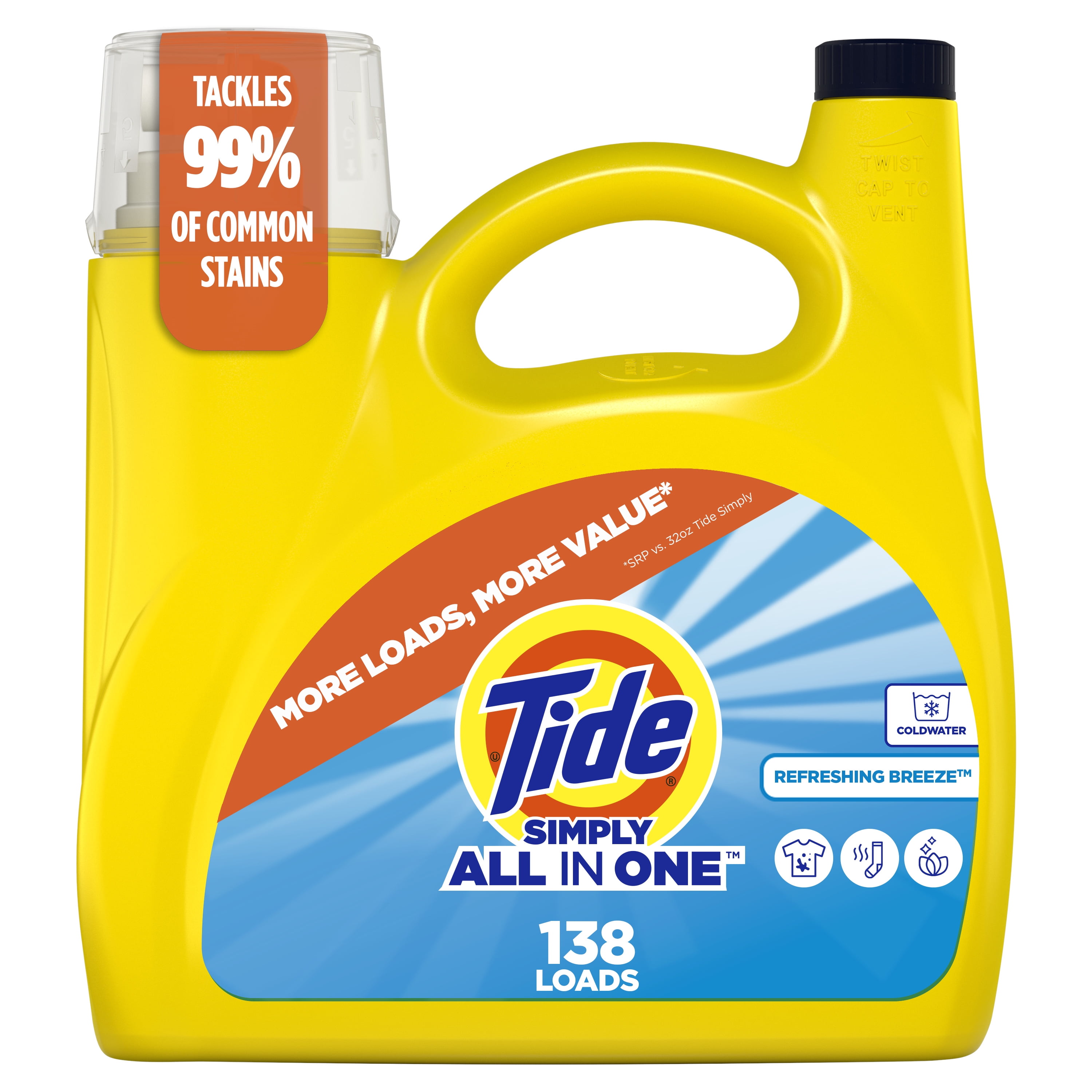 Tide Simply All-In-One Liquid Laundry Detergent, Refreshing Breeze Scent, 182 fl oz, 138 Loads