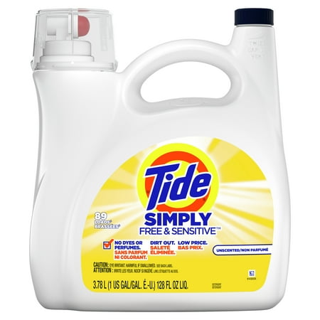 Tide Simply Liquid Laundry Detergent, Free & Sensitive, 128 fl oz, 89 Loads