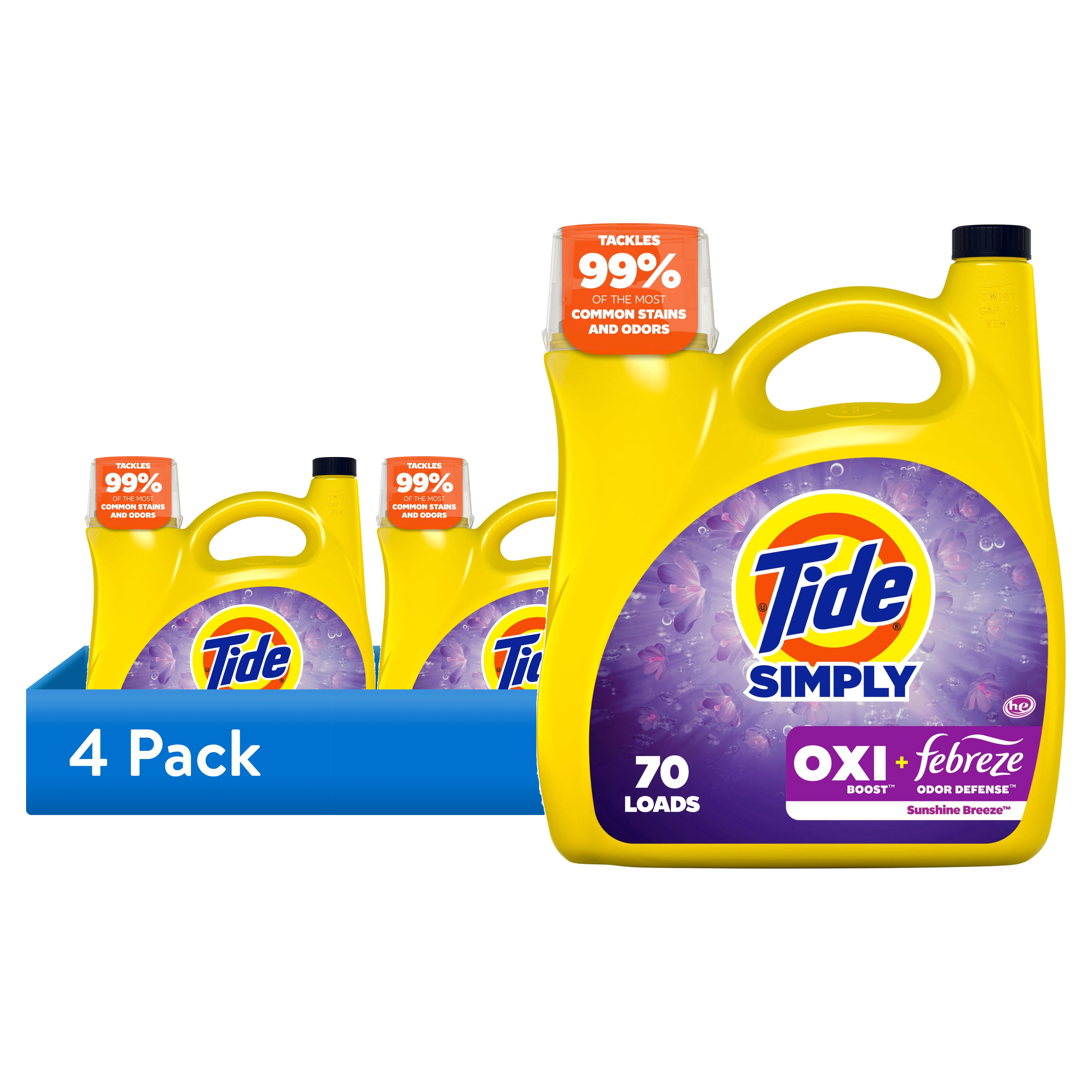 (4 pack) Tide Simply Laundry Detergent Liquid, Oxi Boost + Febreze Odor Defense, Sunny Breeze Scent, 94 fl oz, 70 Loads