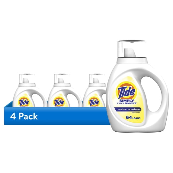 (4 pack) Tide Simply Liquid Laundry Detergent, Free & Sensitive, 84 fl oz, 64 Loads