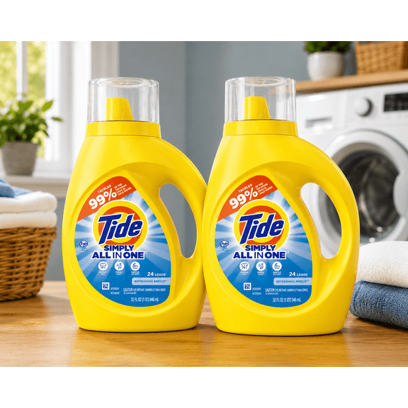 Tide Simply All in One Tackles 99% of Top Everyday Stains, Effective in Cold Water Liquid Laundry Detergent, Refreshing Breeze, 32 fl oz, 24 Loads, 2 Pack
