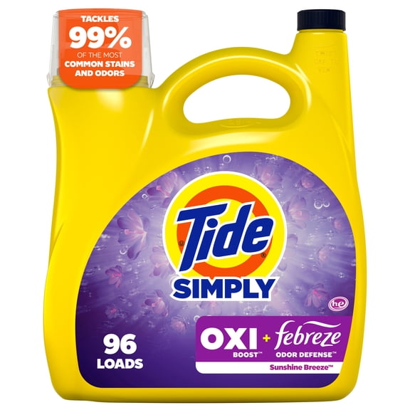 Tide Simply Laundry Detergent Liquid, Oxi Boost + Febreze Odor Defense, Sunny Breeze Scent, 129 fl oz, 96 Loads