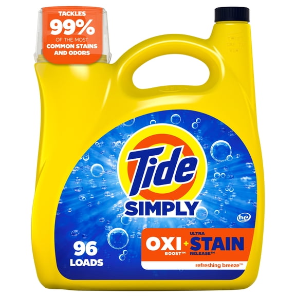 Tide Simply Laundry Detergent Liquid, Oxi Boost + Ultra Stain Release, Refreshing Breeze Scent, 129 fl oz, 96 Loads