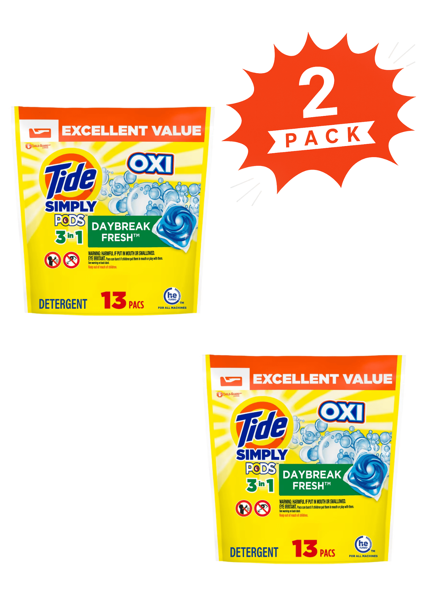 Tide Simply PODS + Oxi Daybreak Fresh Laundry Detergent Pacs (Pack 2) - 26 Count