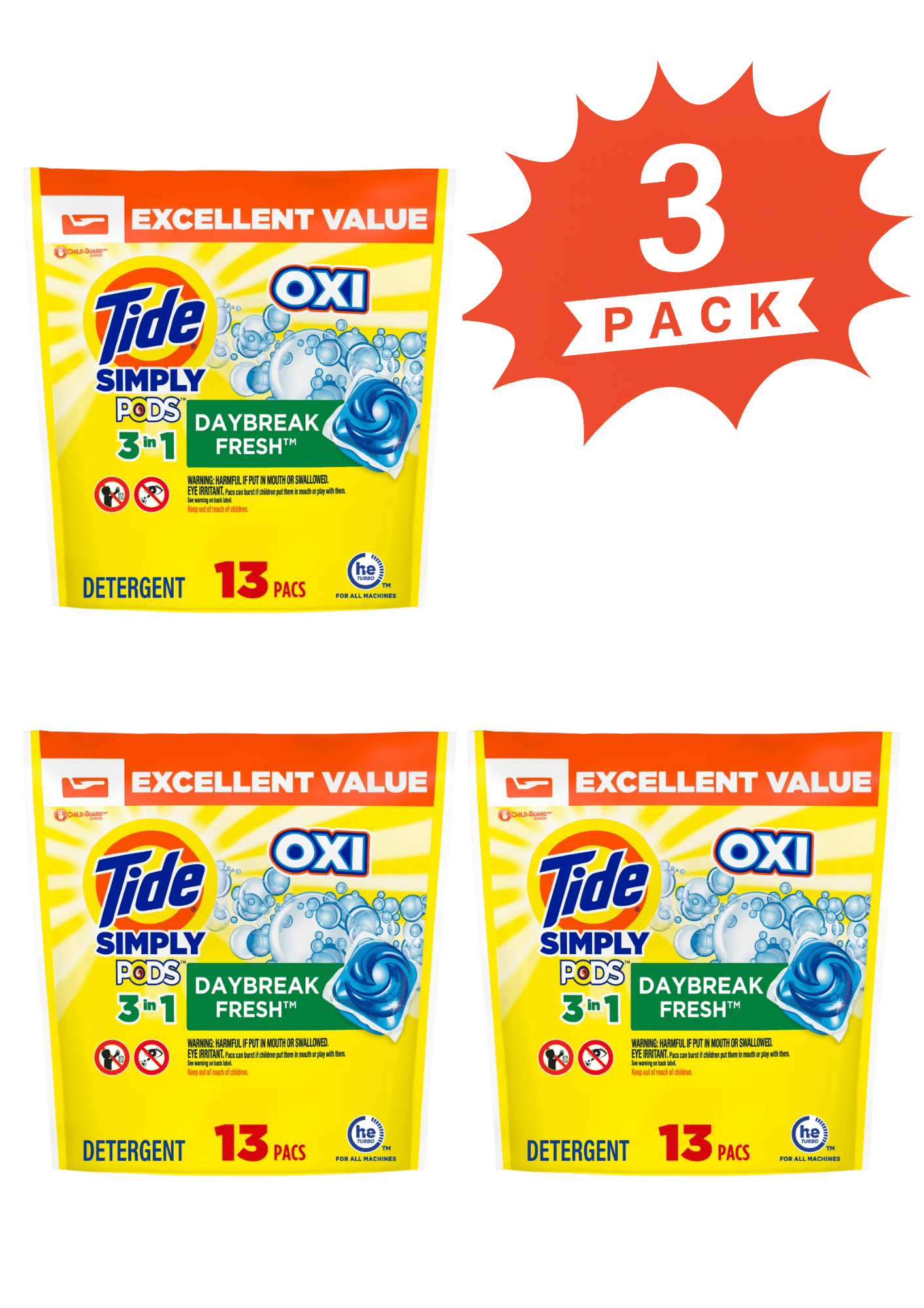 Tide Simply PODS + Oxi Daybreak Fresh Laundry Detergent Pacs (Pack 3) - 39 Count
