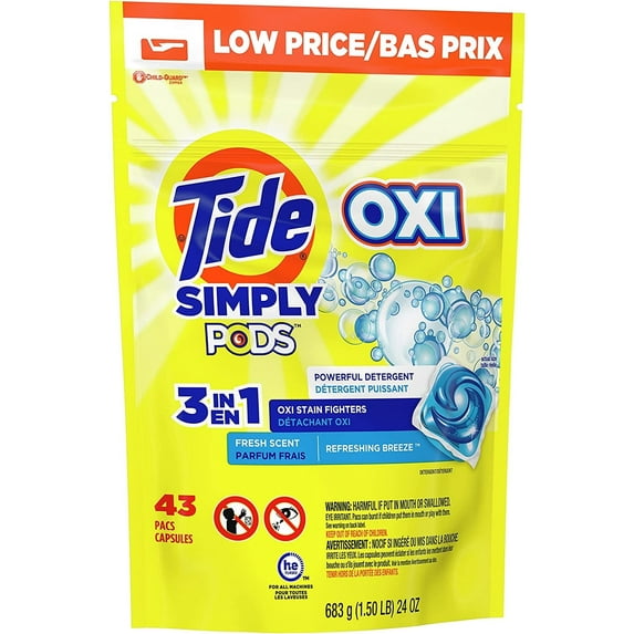 Tide Simply PODS +Oxi Liquid Laundry Detergent Pacs, Refreshing Breeze, 43 Pac Capsules,24 Ounces