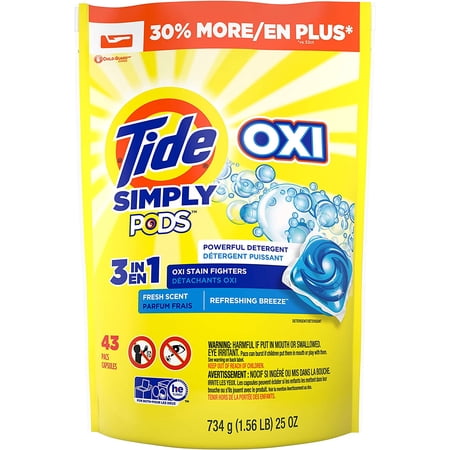 Tide Simply PODS +Oxi Liquid Laundry Detergent Pacs, Refreshing Breeze, 43 Pac Capsules,25 Ounces