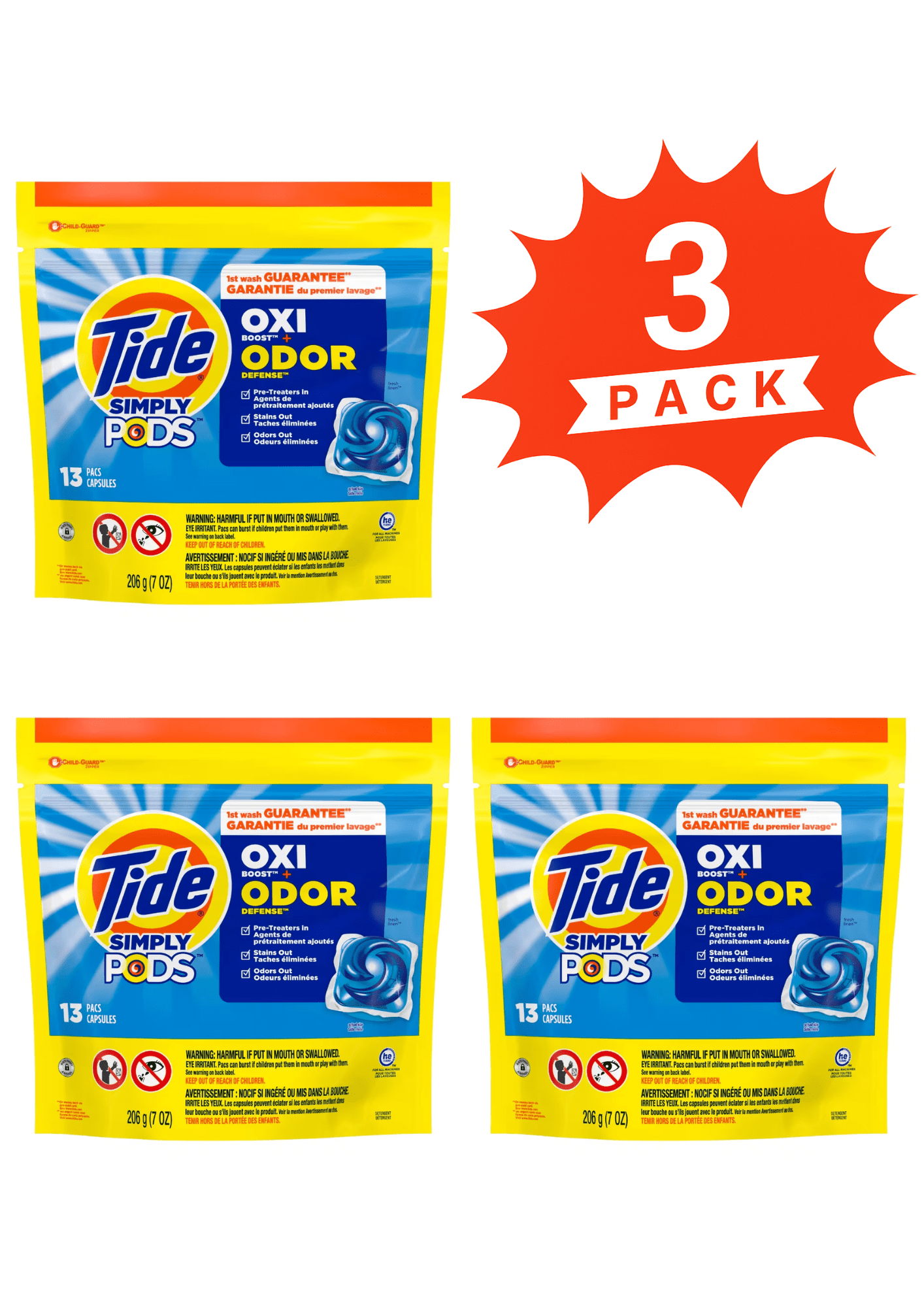 Tide Simply PODS Oxi + Odor Defense Laundry Detergent Pacs 3 in 1 (Pack 3) - 39 Count
