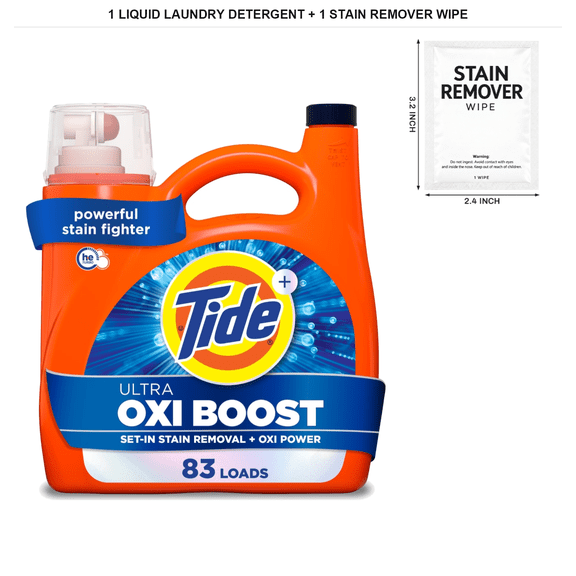 Tide Ultra Oxi Boost Liquid Laundry Detergent, 117 fl oz with 1x Stain Remover Wipe