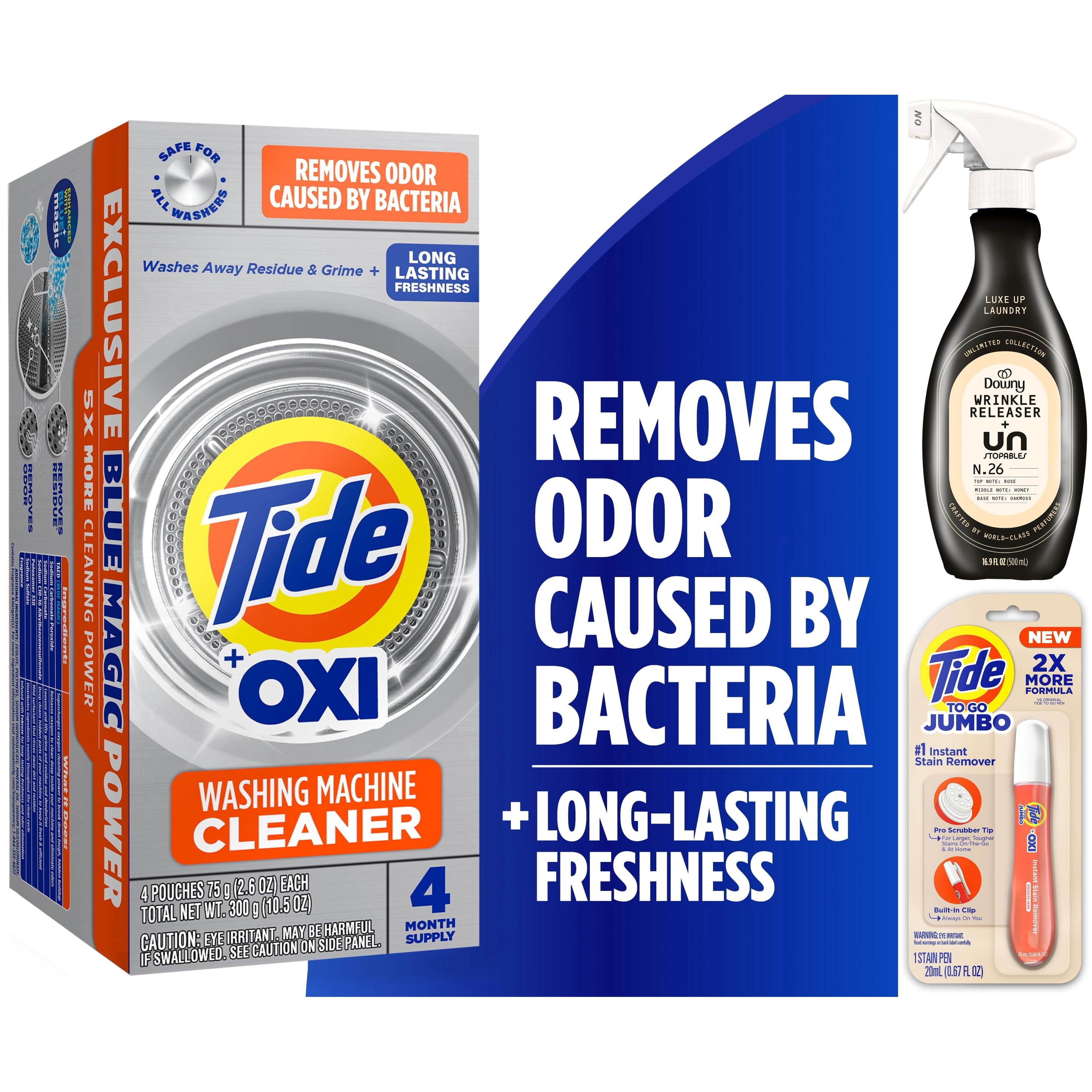 Tide Washing Machine Cleaner 4ct, Tide Jumbo Pen 1ct, and Downy Unlimited N. 26 16.9oz Wrinkle Releaser Spray