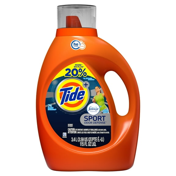 Tide plus Febreze Sport Odor Defense HE Turbo Clean Liquid Laundry Detergent, Active Fresh Scent, 74 loads, 115 oz