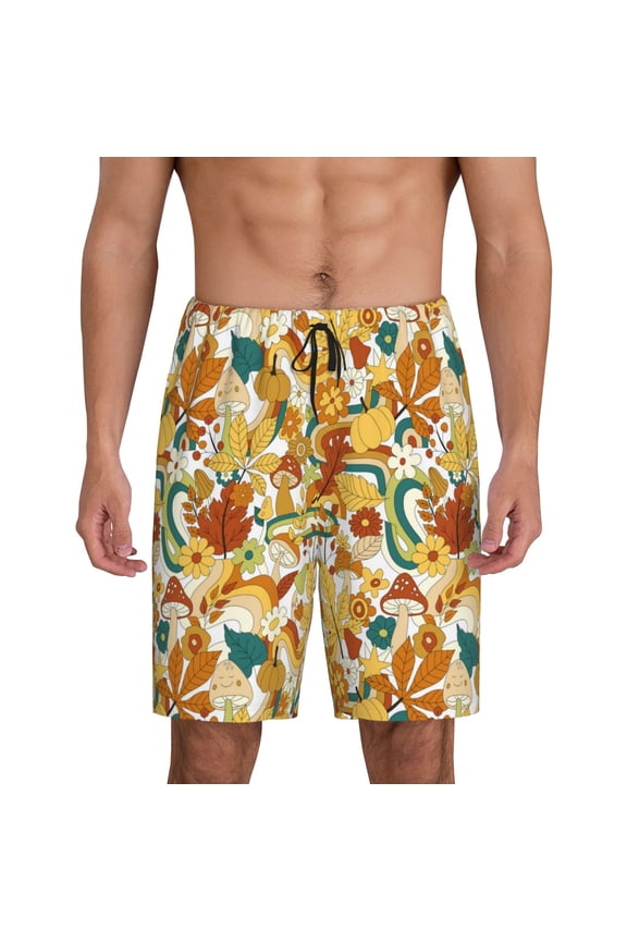 70s Groovy Hippie Print Men's Short Pajama Pants, Elastic Pocket Summer Pajama Pants Sleepwear, Lounge Pants-Medium