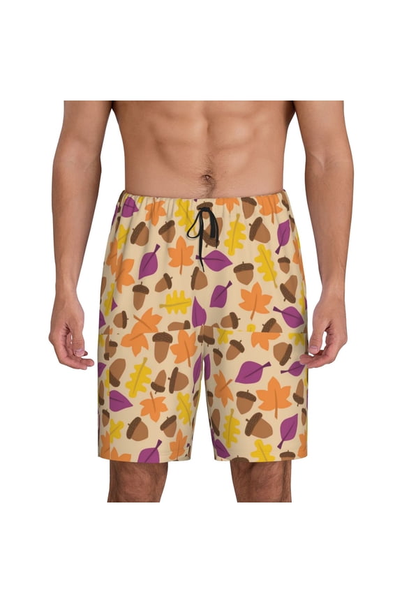 Acorn Autumn Fall Leaf Leaves Print Men's Short Pajama Pants, Elastic Pocket Summer Pajama Pants Sleepwear, Lounge Pants-X-Large