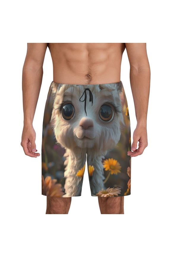 Adorable Llama In Flowers Print Men's Short Pajama Pants, Elastic Pocket Summer Pajama Pants Sleepwear, Lounge Pants-XX-Large