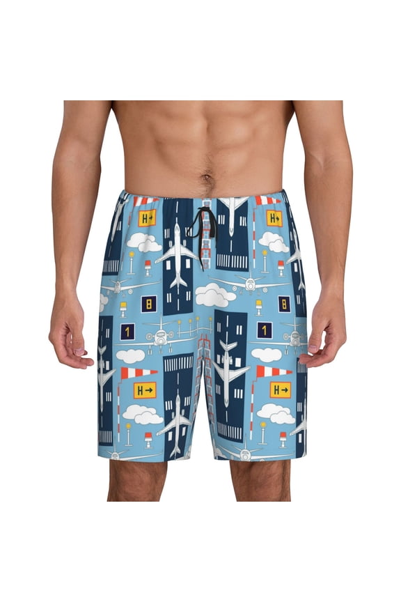 Airplanes and Aviation Signs Print Men's Short Pajama Pants, Elastic Pocket Summer Pajama Pants Sleepwear, Lounge Pants-4X-Large