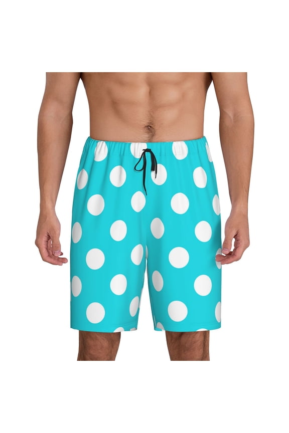 Aqua And White Polka Dot Print Men's Short Pajama Pants, Elastic Pocket Summer Pajama Pants Sleepwear, Lounge Pants-X-Large
