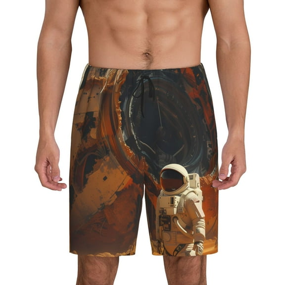 Tideii Astronaut Exploring Mars Print Men's Short Pajama Pants, Elastic Pocket Summer Pajama Pants Sleepwear, Lounge Pants-4X-Large