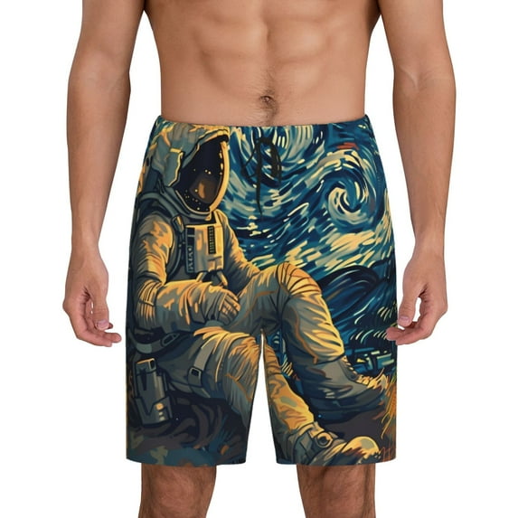 Tideii Astronaut Starry Night Print Men's Short Pajama Pants, Elastic Pocket Summer Pajama Pants Sleepwear, Lounge Pants-X-Large