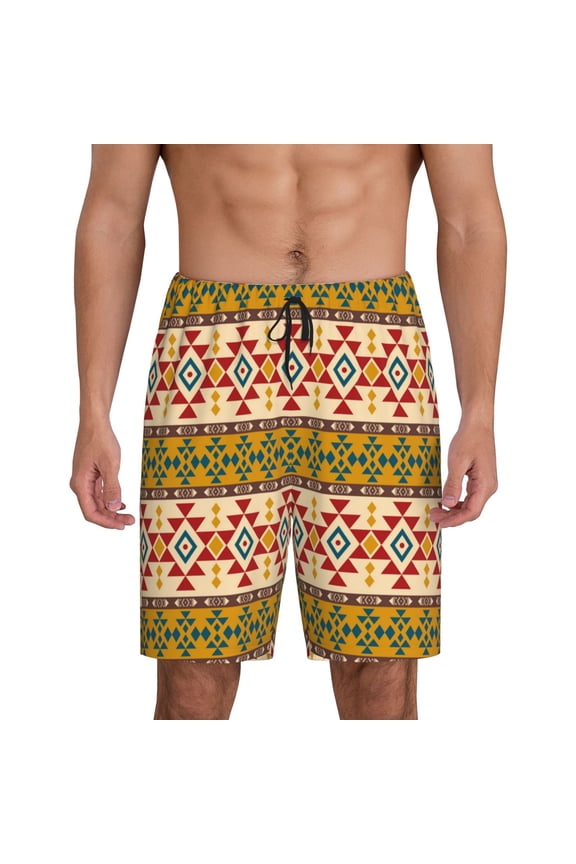 Aztec Print Men's Short Pajama Pants, Elastic Pocket Summer Pajama Pants Sleepwear, Lounge Pants-Large