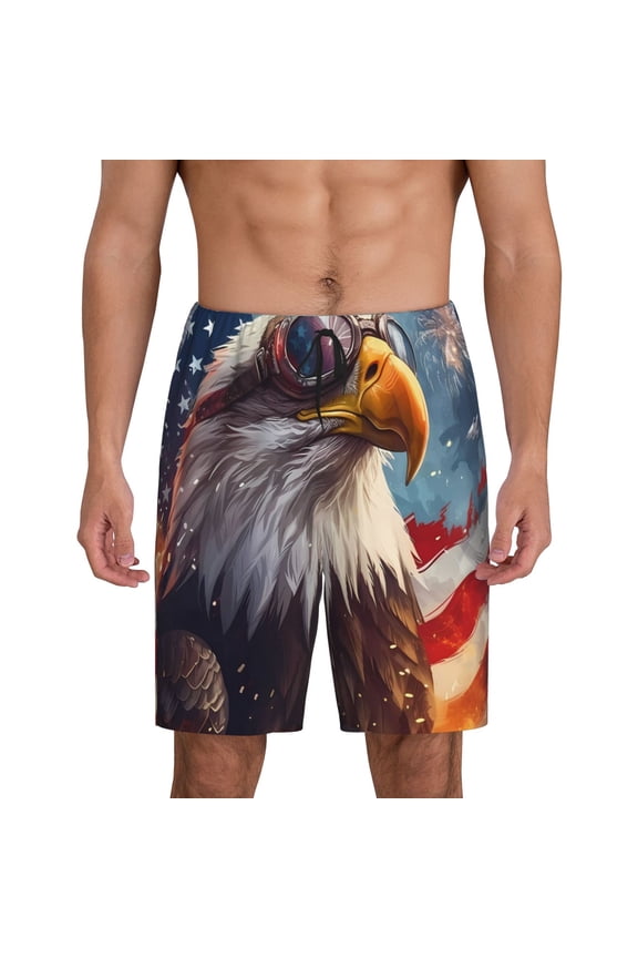 Bald Eagle Pilot Print Men's Short Pajama Pants, Elastic Pocket Summer Pajama Pants Sleepwear, Lounge Pants-Large
