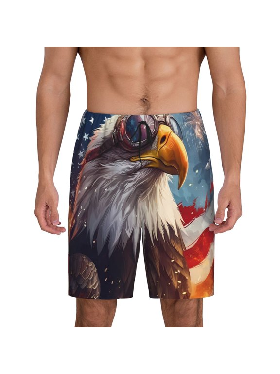 Bald Eagle Pilot Print Men's Short Pajama Pants, Elastic Pocket Summer Pajama Pants Sleepwear, Lounge Pants-X-Large