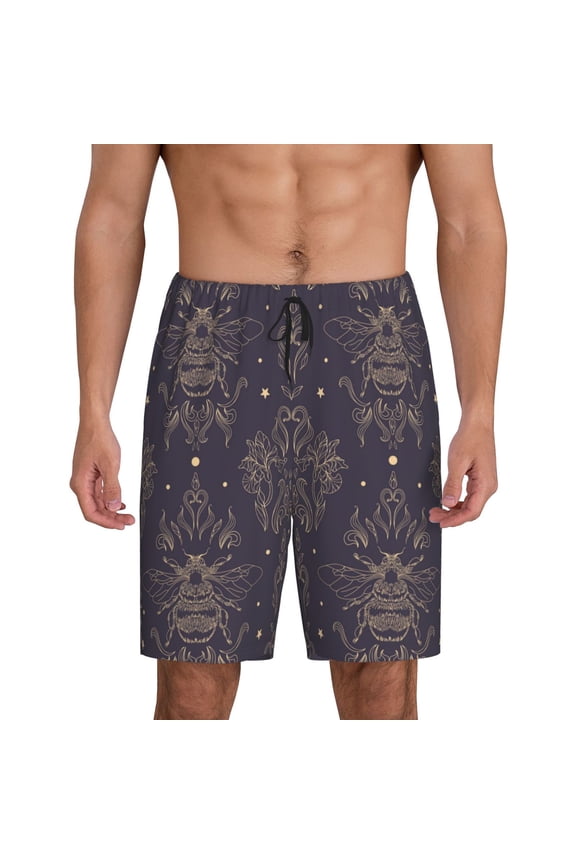 Bee Print Men's Short Pajama Pants, Elastic Pocket Summer Pajama Pants Sleepwear, Lounge Pants-Medium