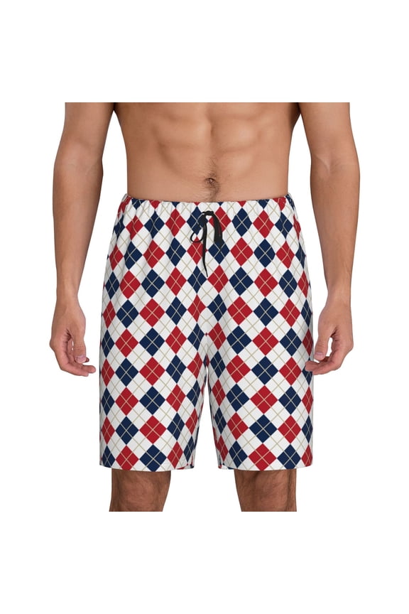 Blue And Red Diamond Print Men's Short Pajama Pants, Elastic Pocket Summer Pajama Pants Sleepwear, Lounge Pants-Large