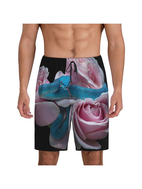 Blue Lipped Pit Viper And Three Pink Roses Print Men's Short Pajama Pants, Elastic Pocket Summer Pajama Pants Sleepwear, Lounge Pants-XX-Large