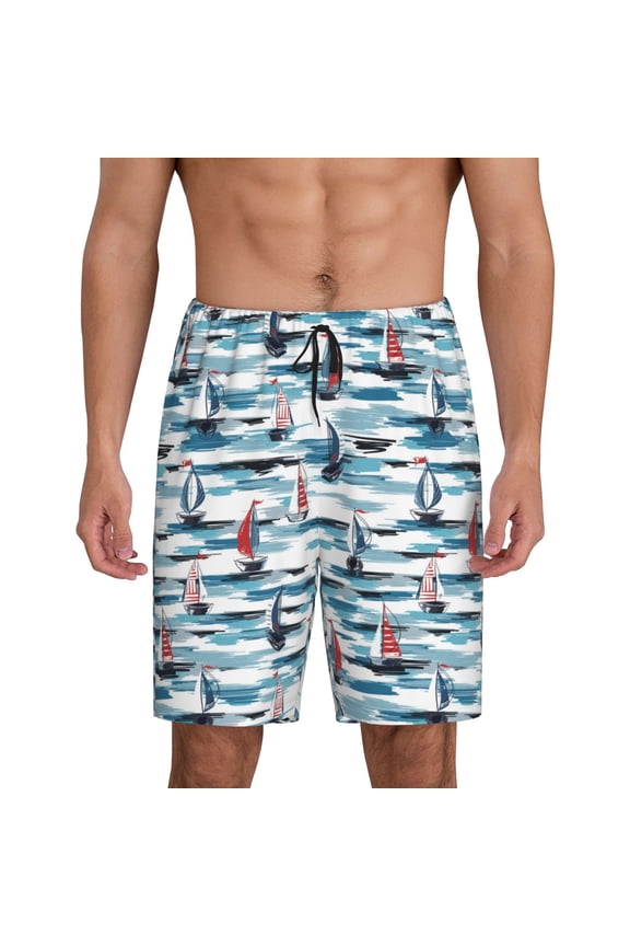 Boat In Ocean Print Men's Short Pajama Pants, Elastic Pocket Summer Pajama Pants Sleepwear, Lounge Pants-X-Large