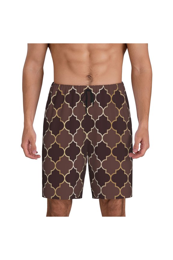 Brown Gold Grid Print Men's Short Pajama Pants, Elastic Pocket Summer Pajama Pants Sleepwear, Lounge Pants-Medium