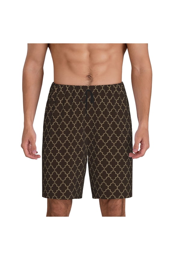 Brown Moroccan Trellis Print Men's Short Pajama Pants, Elastic Pocket Summer Pajama Pants Sleepwear, Lounge Pants-Small