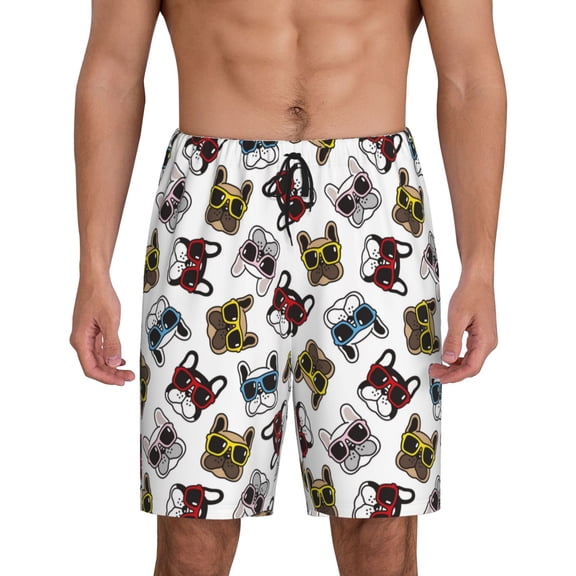 Tideii Bulldog Sunglasses Face Print Men's Short Pajama Pants, Elastic Pocket Summer Pajama Pants Sleepwear, Lounge Pants-3X-Large