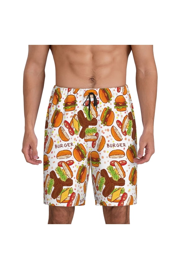 Burger Print Men's Short Pajama Pants, Elastic Pocket Summer Pajama Pants Sleepwear, Lounge Pants-X-Large