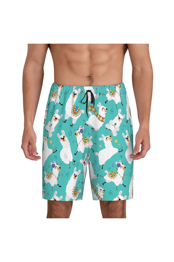 Cartoon Llamas Print Men's Short Pajama Pants, Elastic Pocket Summer Pajama Pants Sleepwear, Lounge Pants-XX-Large