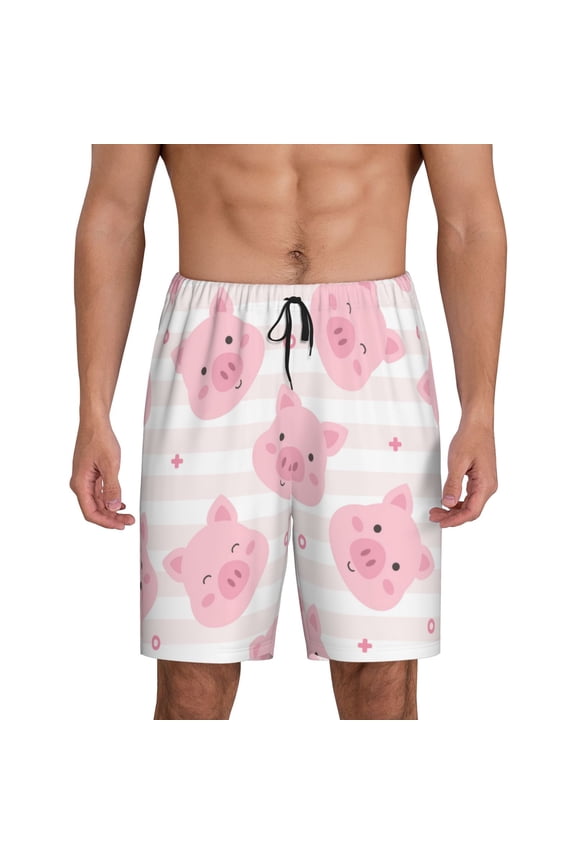 Cartoon Pig Print Men's Short Pajama Pants, Elastic Pocket Summer Pajama Pants Sleepwear, Lounge Pants-Small