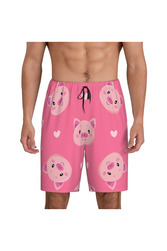 Cartoon Pigs and Hearts Print Men's Short Pajama Pants, Elastic Pocket Summer Pajama Pants Sleepwear, Lounge Pants-Medium