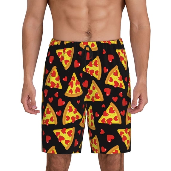 Tideii Cartoon Pizza Print Men's Short Pajama Pants, Elastic Pocket Summer Pajama Pants Sleepwear, Lounge Pants-Small
