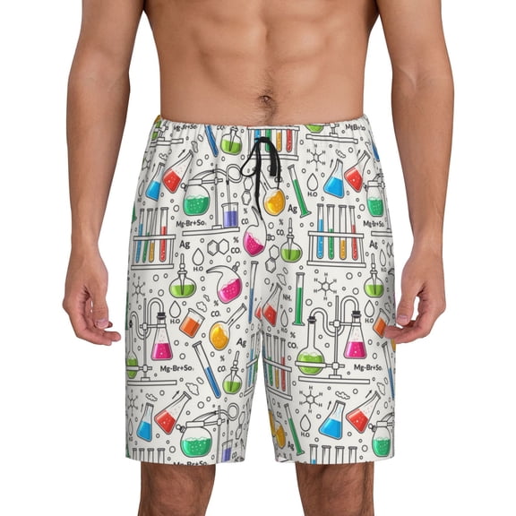 Tideii Chemical Flasks And Test Tubes Print Men's Short Pajama Pants, Elastic Pocket Summer Pajama Pants Sleepwear, Lounge Pants-Small