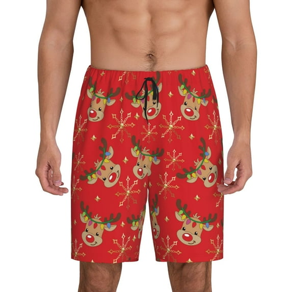 Tideii Christmas With Cute Deer Print Men's Short Pajama Pants, Elastic Pocket Summer Pajama Pants Sleepwear, Lounge Pants-Small